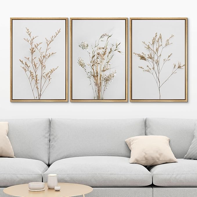 MUDECOR Framed Canvas Print Wall Art Wildflower Floral Botanical Prints Minimalist Wall Art Modern Farmhouse for Bedroom - 16"x24"x3 Natural