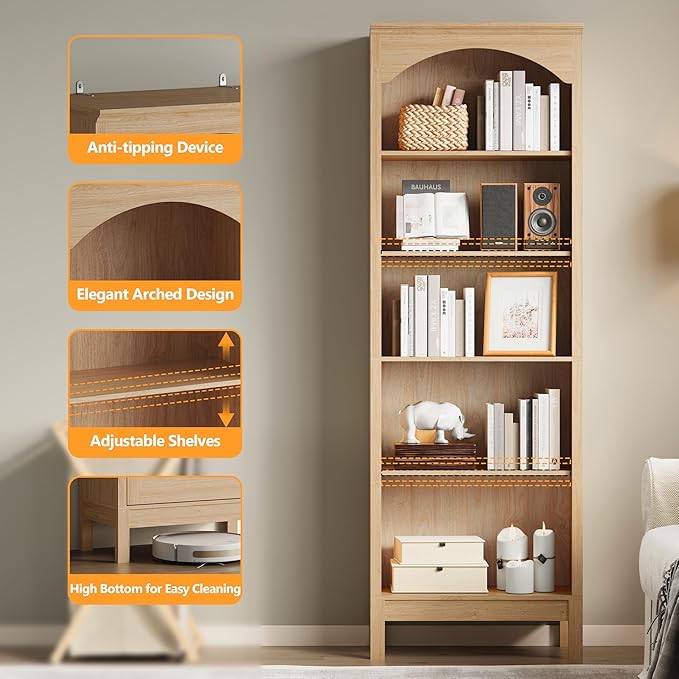 Arched Bookshelf with 5 Tier Open Shelves, 71" Tall Wood Bookcase with Adjustable Shelves, 24" Wide Floor Standing Display Storage Shelf for Home Office, Kitchen, Study and Living Room, Natural Oak