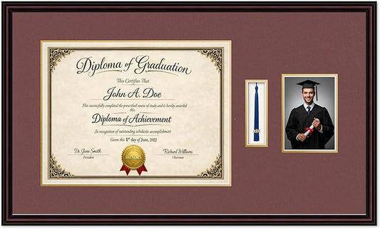 Diploma Tassel and Photo Frame Executive Brown Shadowbox Dark Red Over Gold Mat - Fits 17 x 13 Degree Picture Made in the USA