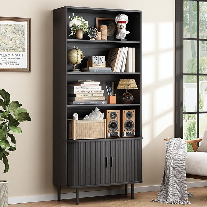 ONBRILL 71" Tall Bookshelf, 4-Tier Bookcase with Storage Cabinet & Adjustable Shelves, Floor Standing Wooden Bookshelf with Sliding Door and Adjustable Footpad, for Home Office, Living Room, Black