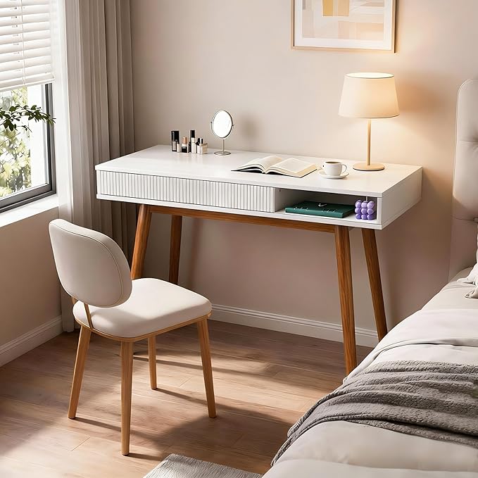 Artswish White Writing Desk with Drawers Mid Century Modern Desk, Wood Office Computer Desks for Small Space, White Desks with Walnut Legs