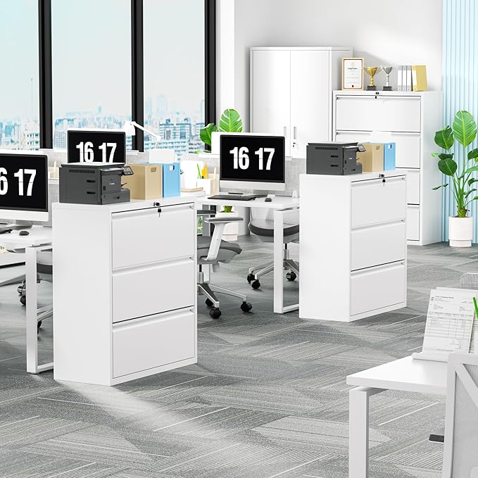 Incbruce 28" W 3 Drawer Lateral File Cabinet, Metal 3 Drawer Lateral Filing Cabinet with Lock, Steel Wide Filing Organization Storage Cabinet for Home, Office, Fit A4/F4/Letter/Legal File (White)