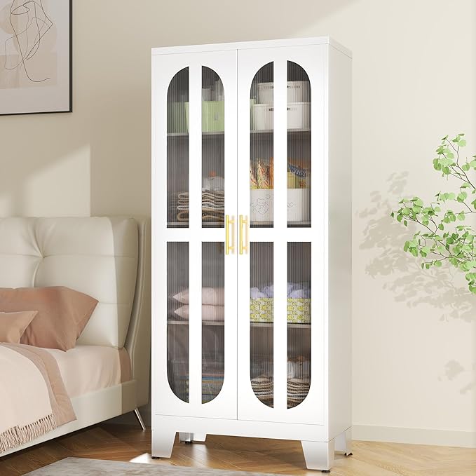 Metal Kitchen Pantry Storage Cabinet,Food Pantries Cabinets with Acrylic Glass Doors and Adjustable Shelves,Storage Cupboard for Kitchen, Living Room, Laundry Room and Dinning Room 61.02”H