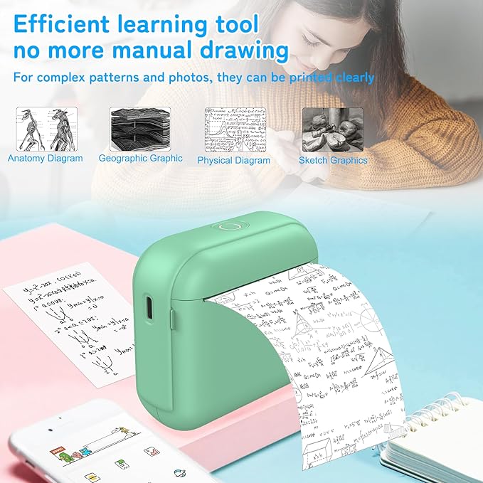 Print Pods Mini Sticker Printer Machine, Portable Bluetooth Thermal Printer with 13 Rolls Paper, Sticker Maker for Kids, Impresora Portátil for Notes, Journal, DIY, Gift, Home, School, Office