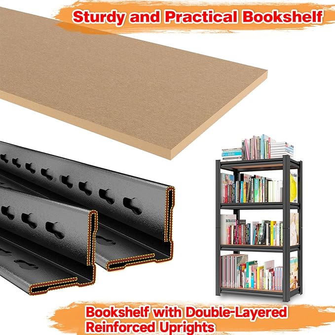 30"W Steel and wood Book Shelf, 5 Tier Wooden Bookcase, 1500LBS Display Shelving, Adjustable Utility Shelf Organizere, Standing Storage Shelves for Study, Bedroom, Living Room and Home Office, Black