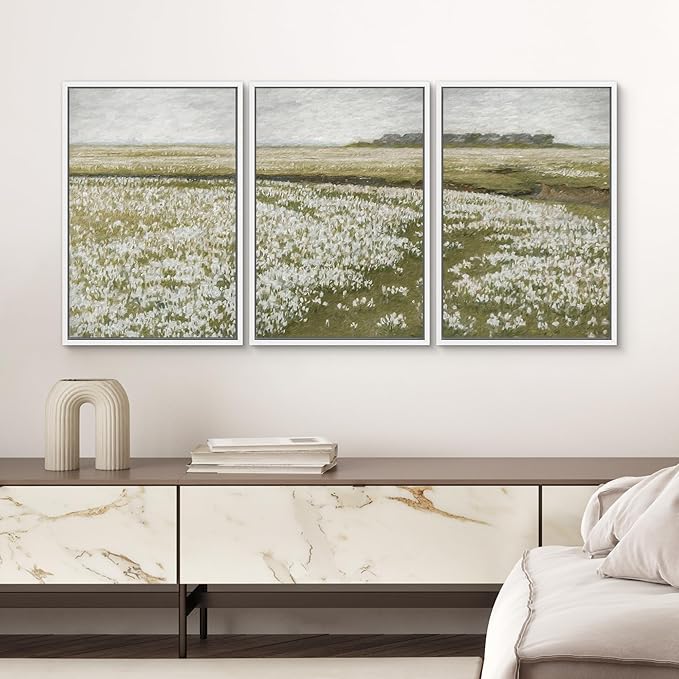 SIGNWIN Framed Canvas Print Wall Art Set White Daisy Flower Country Farm Field Nature Abstract Illustrations Fine Art Decorative Nordic Rustic for Living Room, Bedroom, Office - 24"x36"x3 White
