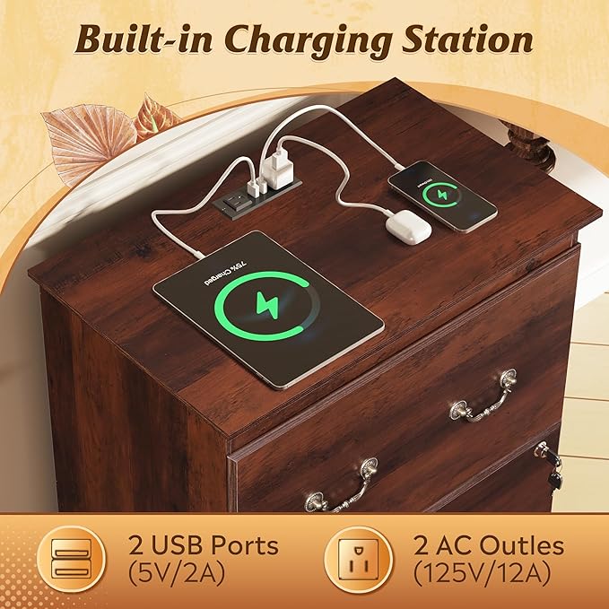 DEVAISE 2 Drawer File Cabinet,Lateral Vintage Farmhouse Wood Filing Cabinet with Lock & Charging Station for Letter/Legal/A4 Size, Brown Oak