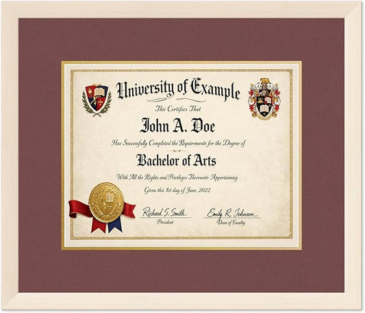 CountryArtHouse Diploma Frame Fits 14 x 11 College Diploma (Modern) - Keepsake Graduation Display Coastal Whitewash Genuine Hardwood with Dark Red Over Metallic Gold Double mat