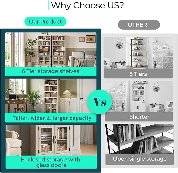 LINSY Bookshelf with Doors, 6 Shelf Bookcase Tall Bookshelves, 73" Farmhouse Book Shelf with Storage Cabinet, Wood Book Shelves for Living Room, Bedroom, Office, Rustic White