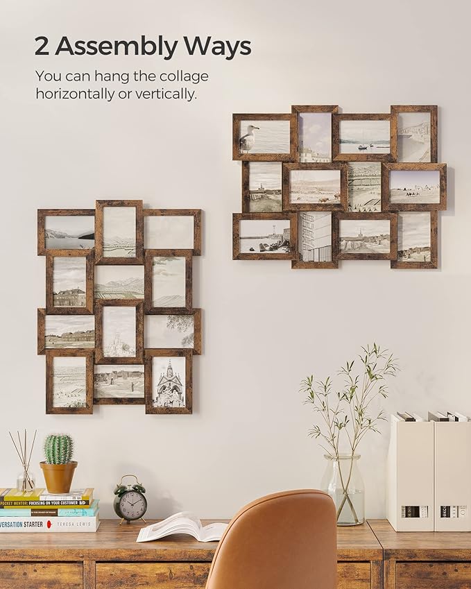 SONGMICS Collage Picture Frames, 4x6 for Wall Decor, Multi Family Photo for Gallery Decor, Hanging Display, Set of 12, Rustic Brown URPF026X01
