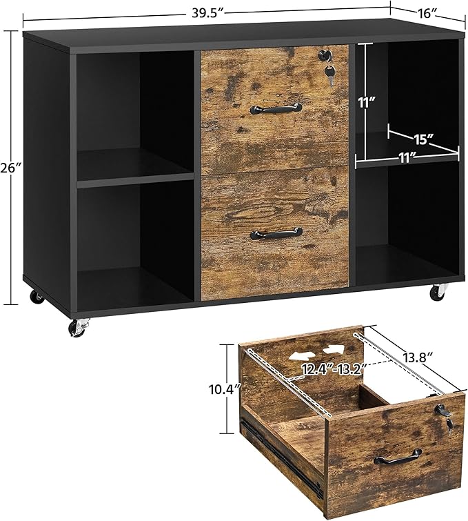 Topeakmart 2 Drawer File Cabinet for Letter Size A4 Size, Large Mobile Lateral Filing Cabinet Printer Stand with 4 Storage Compartments for Home Office (Black/Rustic Brown)