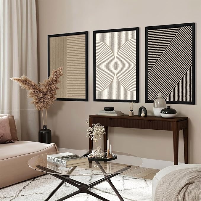 Boho Modern Wall Art Pictures Neutral Abstract Canvas Wall Decor Minimalist Line Wall Art Beige Brown Black Poster Mid Century Painting Artwork for Living Room Bedroom 12x16x3 Inch Wood Framed