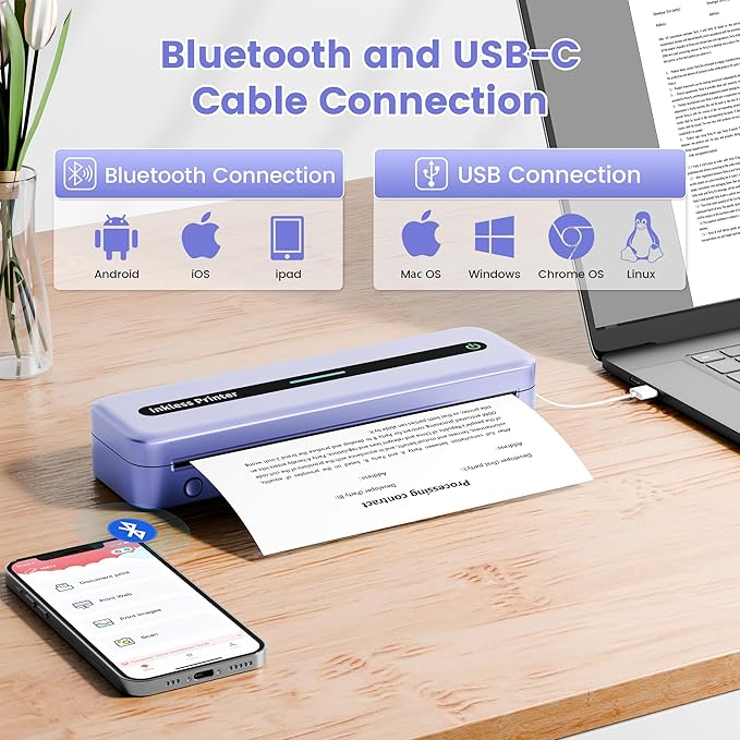 Portable Printer, 300DPI Wireless Bluetooth Thermal Printers, Support Multi-Size Thermal Paper, Compatible with iOS, Android & PC, Inkless Mobile Printer for Travel, Office, School, Purple