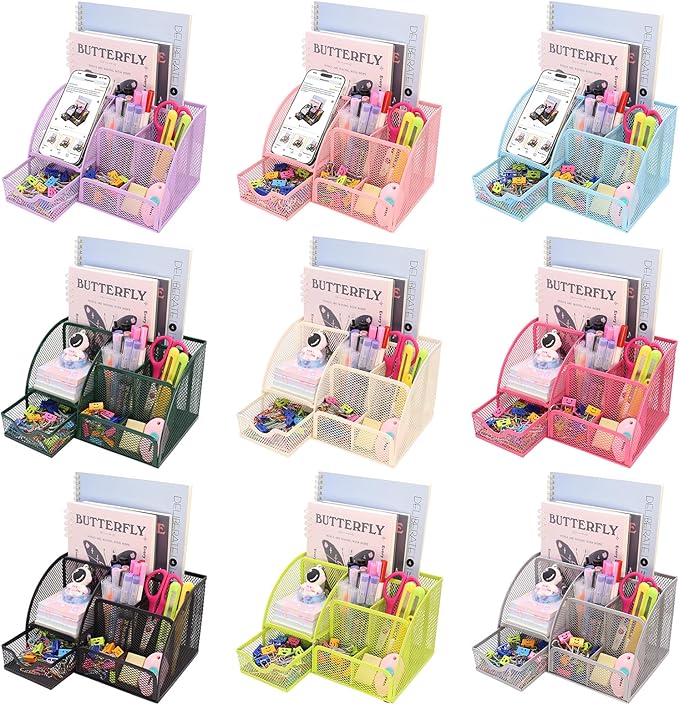 Boutilon Mesh Desk Organizer Desktop Office Supplies Stationary Organizer with 6 Compartments and 1 Drawer Multi-Functional Caddy Pen Holder for Home Office School Desk Decor(Rose Red)