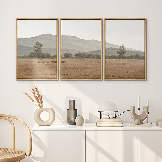 SIGNWIN Framed Canvas Print Wall Art Set Rustic Mountain Landscape in Earth Tones Illustrations Modern Art Decorative for Living Room, Bedroom, Office - 24"x36"x3 Natural