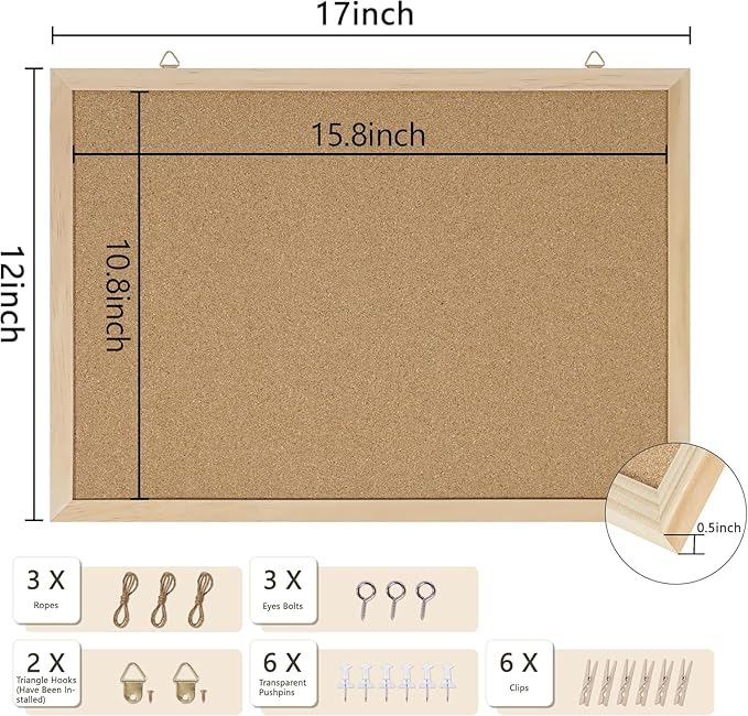 Cork Board Bulletin Board,17"X 12" Cork Board for Office with Pin Oak Wood Boards,Hanging Corkboards for Office Home School Message Board or Vision Board Decoration.