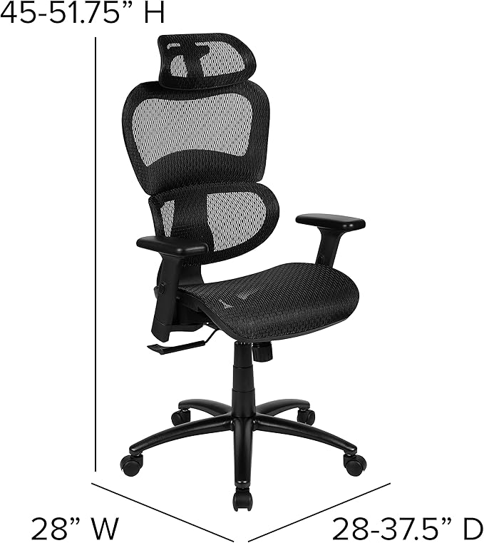 Flash Furniture LO Ergonomic Mesh Office Chair with 2-to-1 Synchro-Tilt, Adjustable Headrest, Lumbar Support, and Adjustable Pivot Arms in Black