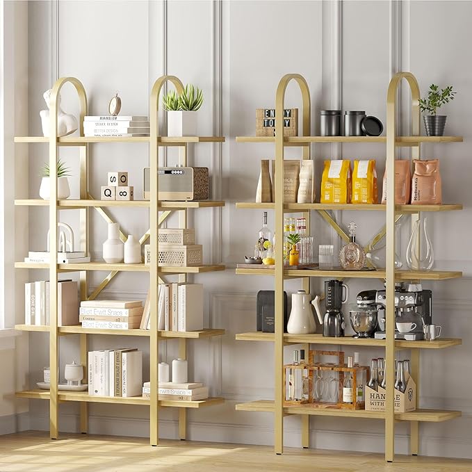 Wide Bookshelf Arched Bookcase, Industrial 5 Tier Open Book Shelves with Metal Frame, 72" Tall Freestanding Heavy Duty Display Rack for Home Office, Living Room,Nature Wood & Gold,Easy Assembly
