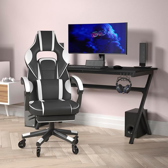 Flash Furniture X40 Gaming Chair Racing Computer Chair with Fully Reclining Back/Arms and Transparent Roller Wheels, Slide-Out Footrest, - White