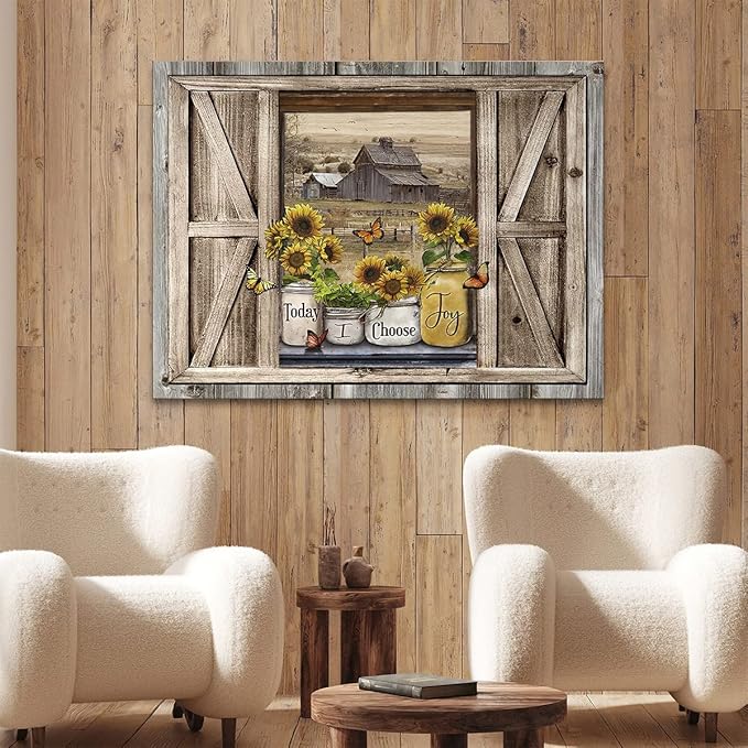 Parylore Sunflower Wall Art Canvas Print Rustic Wall Decor Faux Barn Doors Sunflower Jars On Barn Painting Picture Framed Modern Farmhouse Artwork for Living Room Bathroom Office Home Decor 16x20 In