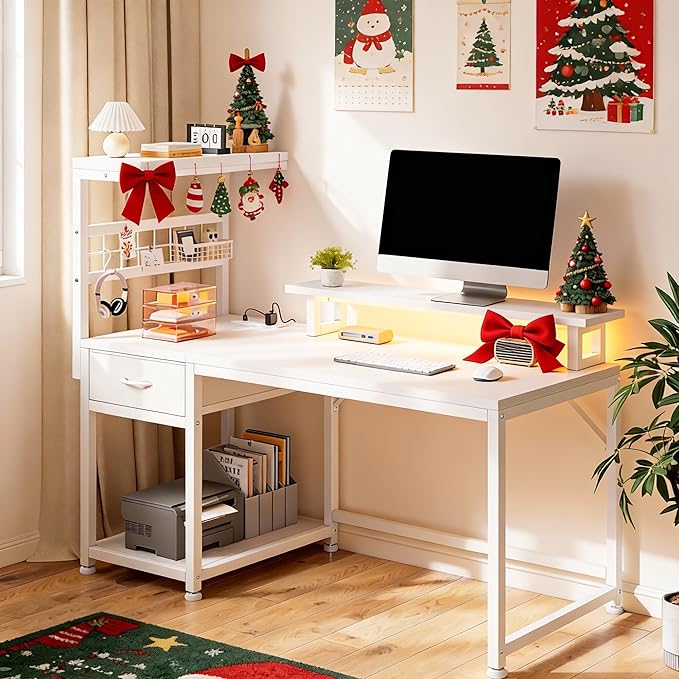EnHomee 48" Computer Desk with Drawer & Storage Shelves, Home Office Desk with Monitor Stand, Gaming Desk with LED Lights & Power Outlets for Living Room, Study Room, Gaming Room, White