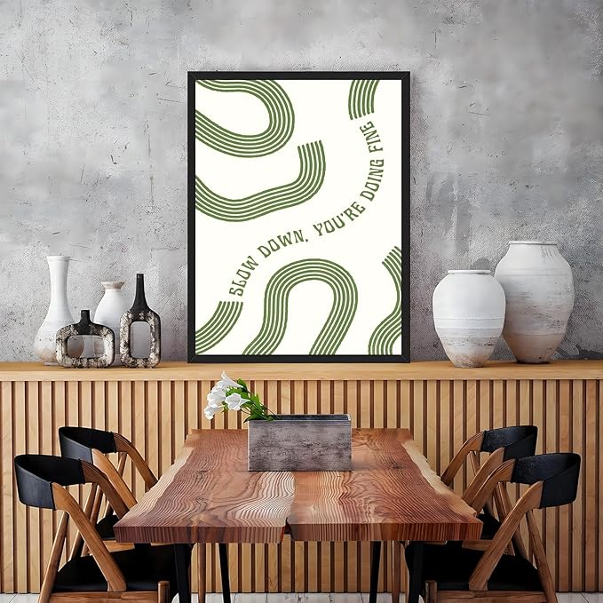 Slow Down You’re Doing Fine Wall Art Retro Minimalist Motivational Quote Music Poster Inspirational Midcentury Song Lyrics Sage Green Canvas Prints for Bedroom Home Decor 8x12inch Black Framed