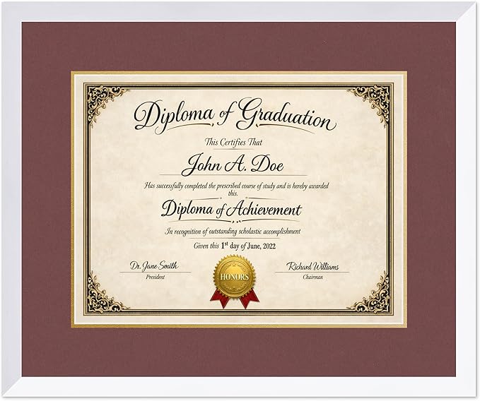 Diploma Frame Bright White with Dark Red Over Gold Double Mat - Fits 17 x 13 International Diploma Wall Display Made in the USA