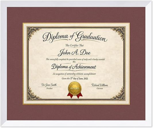 Diploma Frame Bright White with Dark Red Over Gold Double Mat - Fits 17 x 13 International Diploma Wall Display Made in the USA