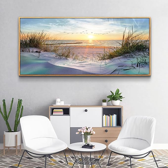 Wapluam Beach Wall Art For Living Room Coastal Canvas Prints Artwork For Walls Ocean Seascape Wall Paintings Nature Landscape Wall Decor Pictures for Bedroom Office Hotel Extra Large Framed Home Decor