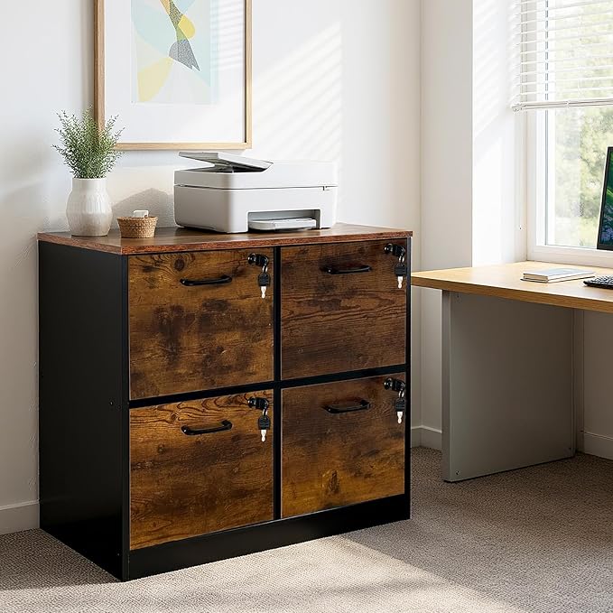 GarveeHome 4 Drawer File Cabinet with Lock, Locked File Cabinet with Key, Wooden Filing Cabinets for Home Office, Office Storage for Letter/A4/Files, Rustic Brown and Black