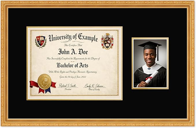 CountryArtHouse Fits 13 x 10 College Diploma (Traditional) and 5 x 7 Photo Diploma and Photo Frame Museum Gold Genuine Hardwood with Black Over Metallic Gold Double mat