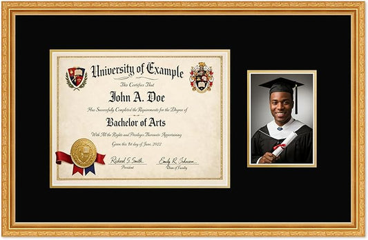 CountryArtHouse Fits 13 x 10 College Diploma (Traditional) and 5 x 7 Photo Diploma and Photo Frame Museum Gold Genuine Hardwood with Black Over Metallic Gold Double mat