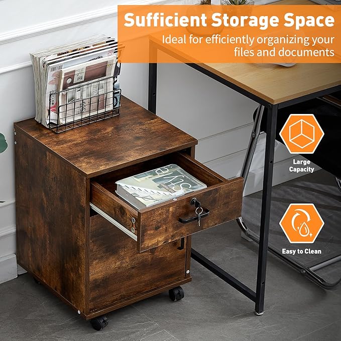 Mobile 2 Drawer File Cabinet with Lock, Wooden Under Desk Filing Cabinet with Wheels, Small Rolling Storage Cabinet for Home Office Organizer A4/Letter Size/Legal, Rustic Brown