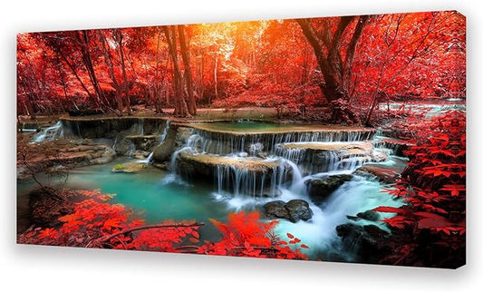 Muolunna BK03950 Wall Art Decor Canvas Print Picture Red Forest Waterfalls 1 Piece Modern Landscape Tree for Living Room Bedroom Kitchen Office Home Decorations Stretched and Framed Ready to Hang