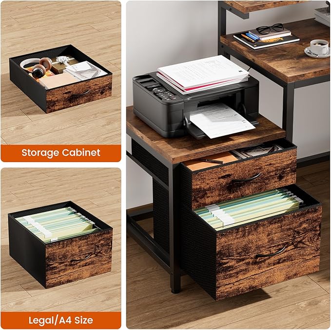 REAHOME 70 Inch L Shaped Desk with File Drawers and Reversible Storage Shelves, Computer Desk with Power Outlet & LED Strip, Home Office Desks, Writing Study Desk for Bedroom, Rustic Brown