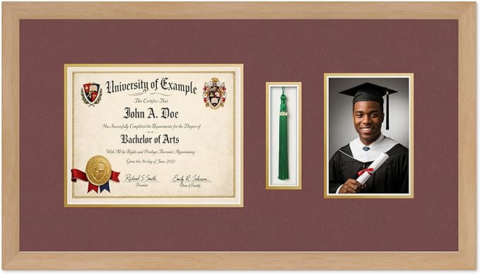 CountryArtHouse Diploma Tassel and Photo Shadowbox Fits 10 x 8 Professional License with Tassel Hook an Natural Wood Genuine Hardwood with Dark Red Over Metallic Gold Double mat