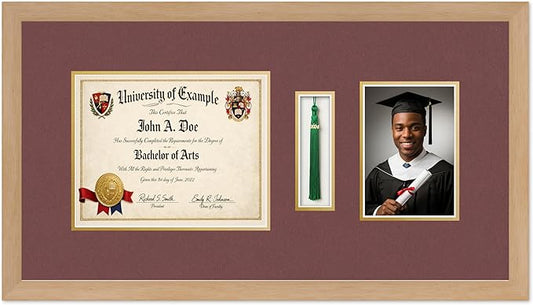 CountryArtHouse Diploma Tassel and Photo Shadowbox Fits 10 x 8 Professional License with Tassel Hook an Natural Wood Genuine Hardwood with Dark Red Over Metallic Gold Double mat