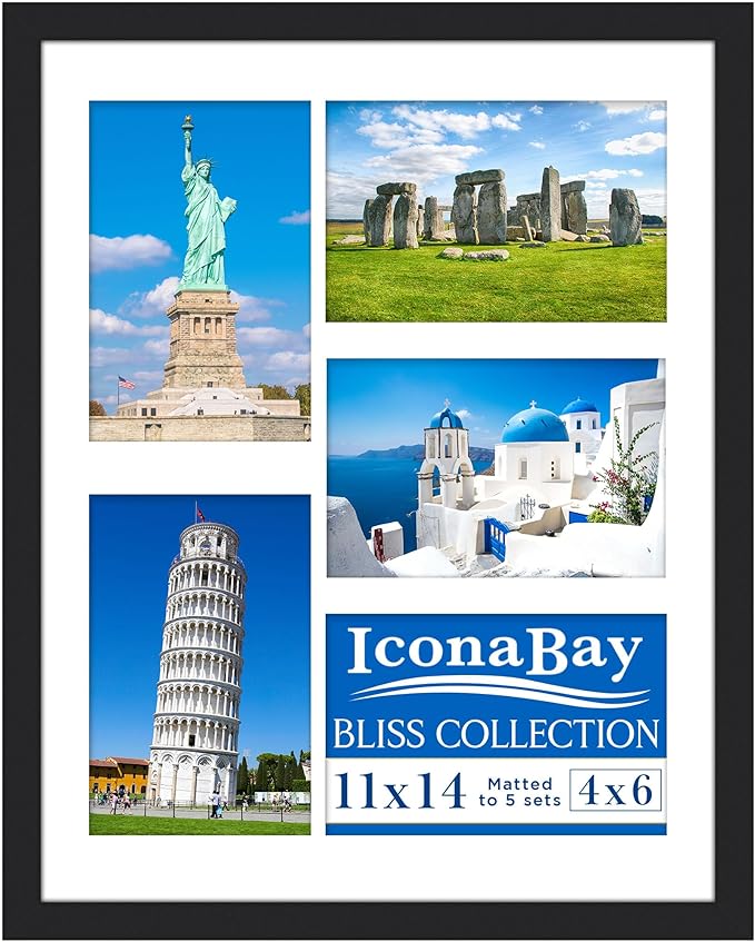 Icona Bay - 11x14 Black Collage Picture Frame with Removable Mat for 5-4x6 Photos - Modern Style Engineered Wood Frame - Wall Mount Only - Bliss Collection