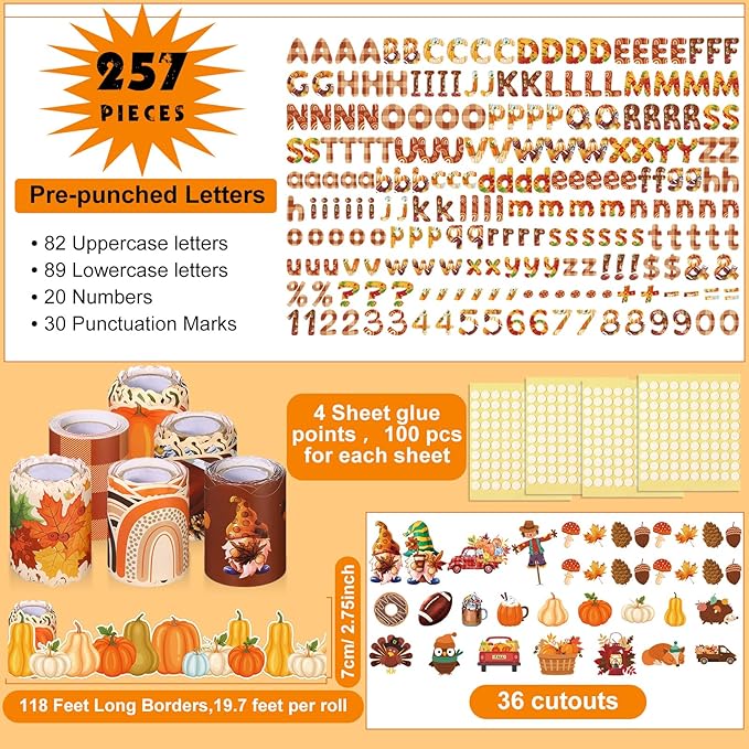 Kosiz Fall Bulletin Board Decoration Set 118 ft Thanksgiving Scalloped Bulletin Board Borders Classroom Poster Border Trim with 257 Pcs Letter Number Symbol Cutout for School Decor
