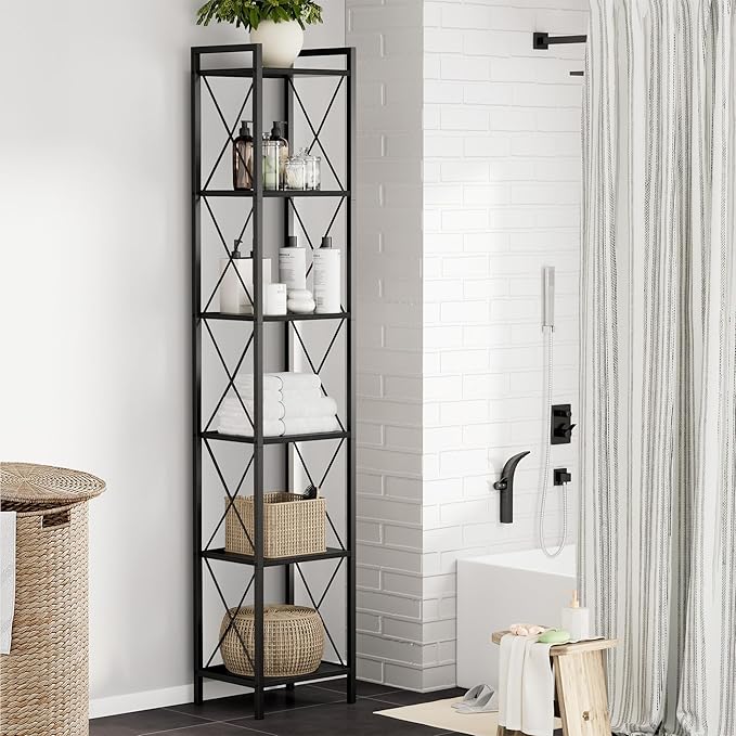 Homhedy 6 Tier Bookshelf, Tall Narrow Bookcase for Small Space, Metal Storage Book Shelf, for Home Office, Living Room, Kitchen, Bedroom, Industrial Style, 10.4" D x 13" W x 67.4" H, Black