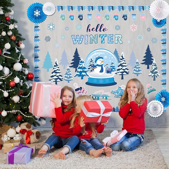 73 Pcs Winter Bulletin Board Set Pink Winter Wonderland Classroom Decorations Snowman Snowflake Paper Cutouts with Paper Fans for Holiday School Classroom Home Wall Decor