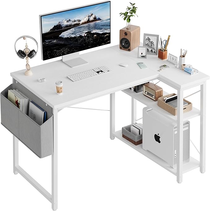 Grandder L Shaped Computer Desk with Reversible Shelves, 40 Inch Small Corner Desk with Storage Bag, Gaming Desk Computer Table Study Writing Desk for Home Office Small Space, White