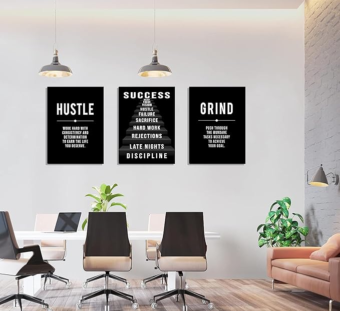 3Pcs Framed Black and White Inspirational Phrases Wall Art Stairway to Success Canvas Posters Prints Never Give Up Pictures Paintings Office Wall Decor for Home Gym Workplace