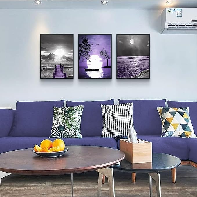 Black Framed Wall Decorations For Living Room Wall Art For Bedroom Modern Office Wall Decor Black And White Painting Ocean Purple Landscape Pictures Home Decor Artwork of 3 Piece Framed Art Prints