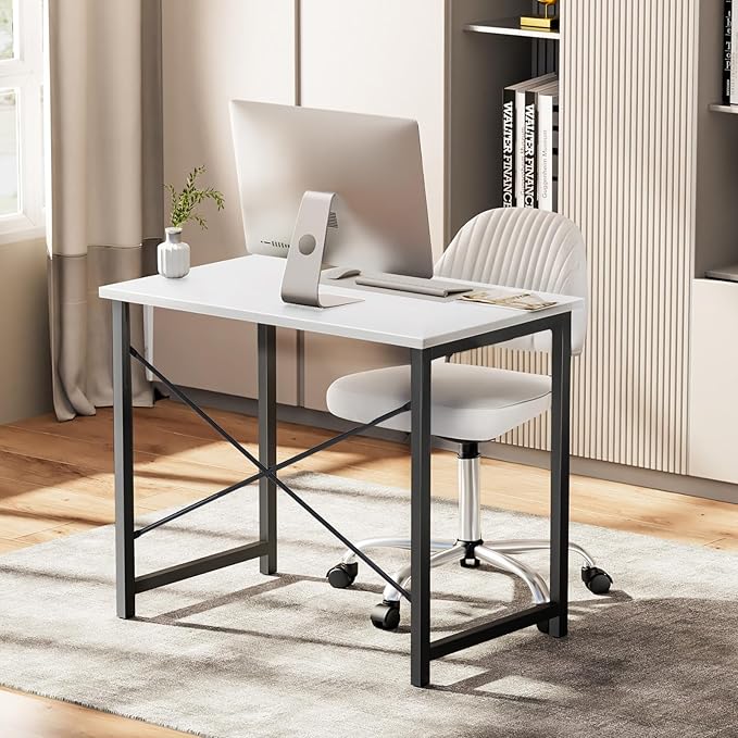 Sweetcrispy Small Computer Desk,63 Inch Office Writing Work Desk with Metal Frame Wooden Tabletop, Student Study Home Bedroom Table with X-Shaped Reinforcement, White
