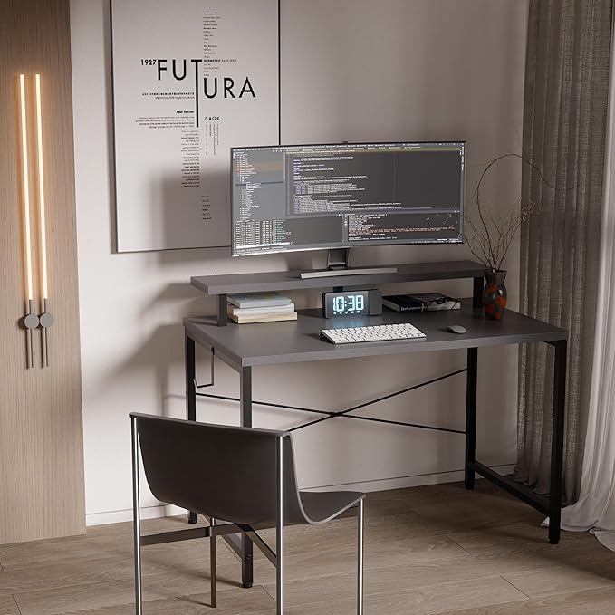 Pamray 32 Inch Small Computer Desk with Monitor Stand, Simple Office Desk with Headphone Hook for Small Spaces, Kids Study Writing Table for Bedroom, Grey