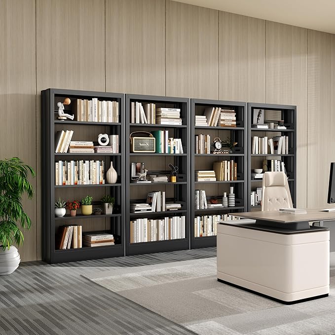 5-Tier Bookcase with Adjustable Storage Shelves, Metal Bookshelf with Book Stopper, Bookcase Shelf for Library, Office, Living Room (Black(1 Column,3 Combination Bookshelves))