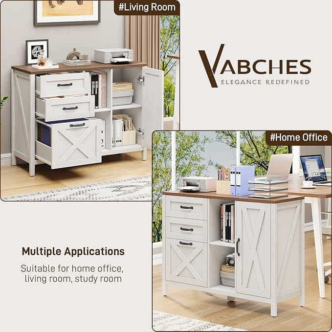 Vabches Lateral File Cabinet, Farmhouse 3 Drawer File Cabinet with Open Storage Shelf for Letter/A4/Legal Size Hanging Files, Large Wood Storage Cabinets Printer Stand for Home Office, White