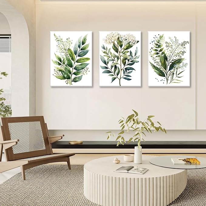 Bwodke Botanical Wall Art Plant Floral Watercolor Poster Canvas Prints Set of 3 Framed Sage Green Painting Eucalyptus Leaf Picture Modern Minimalist Home Decor Bedroom Bathroom Living Room 16"x24"