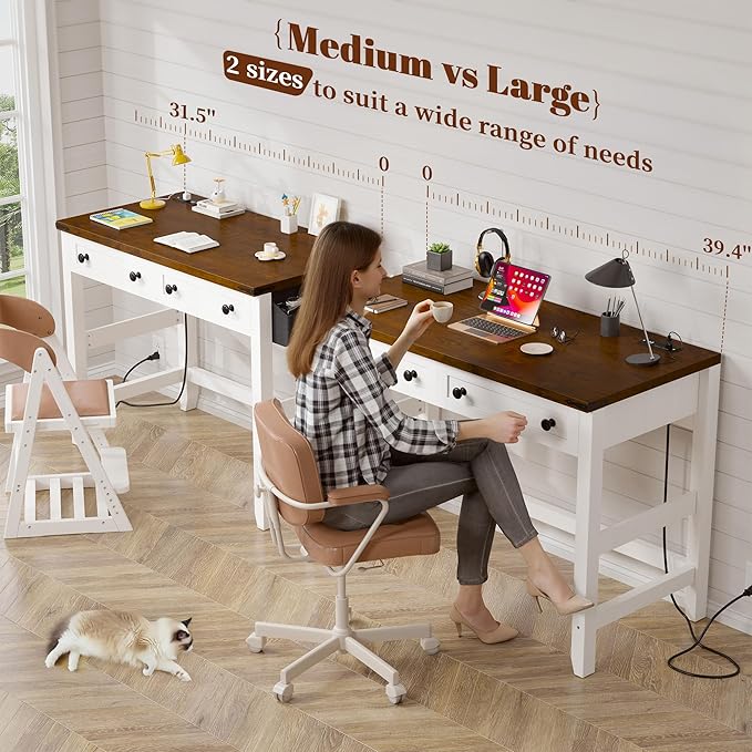 EnHomee Computer Small Desk with Power Outlets, White Desk with 2 Drawers, Small Study Writing Table with Stable Frame for Home Office, Modern Simple Vanity Desks for Bedroom